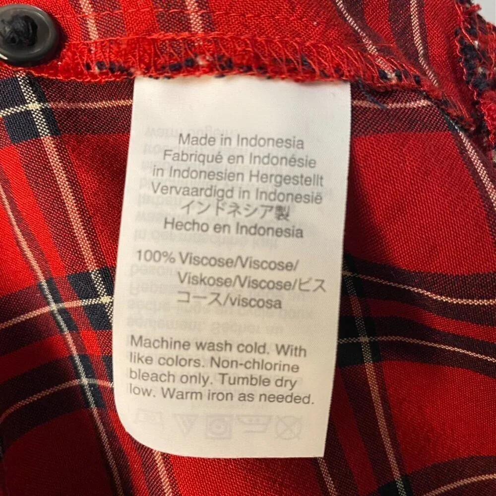 MADEWELL Red and Black Plaid Ruffle Hem Puff‎ Sleeve Button Down Blouse Size S